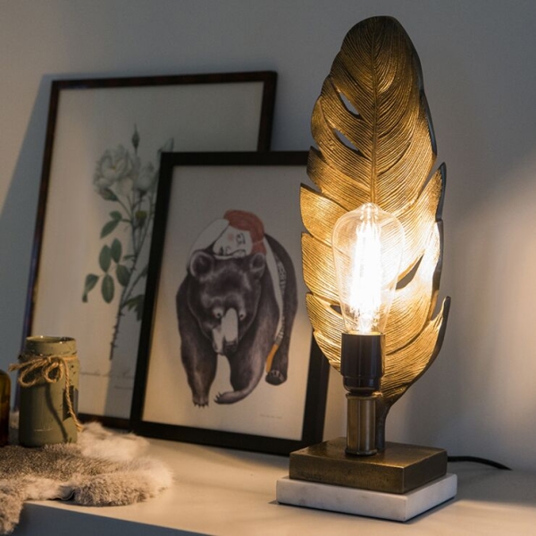 Art deco tafellamp brons met marmeren voet - leaf