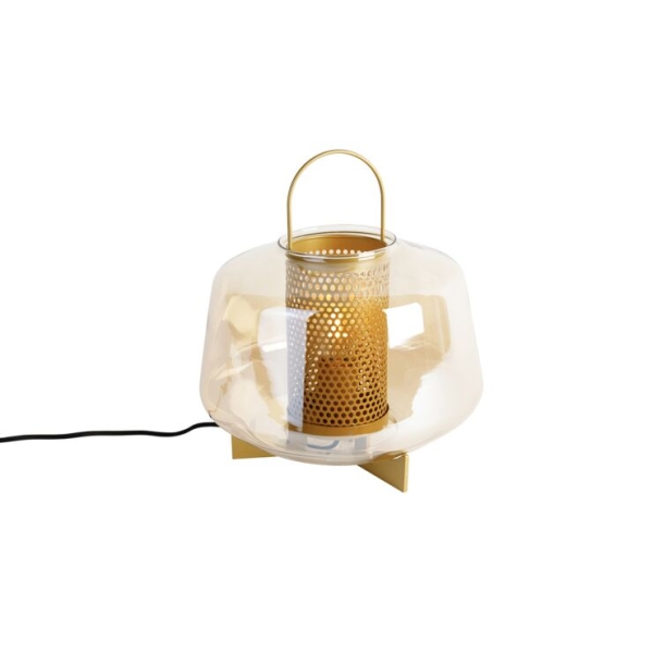 Art deco tafellamp goud met amber glas 30 cm - kevin