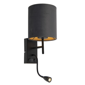 Art Deco wandlamp zwart met velours donkergrijze kap - Stacca
