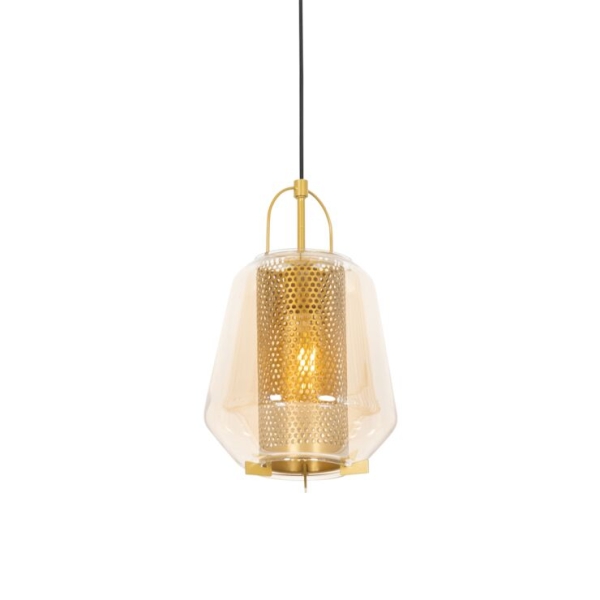 Art deco hanglamp goud met amber glas 23 cm - kevin