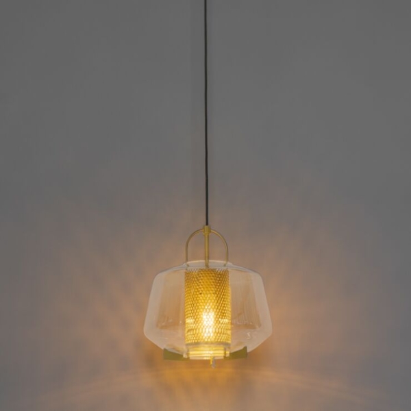 Art deco hanglamp goud met amber glas 30 cm - kevin