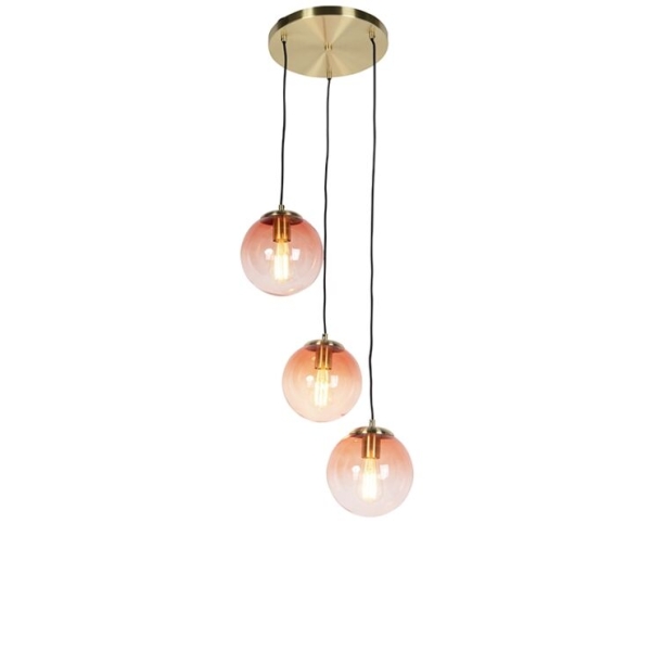 Art deco hanglamp messing 45 cm 3-lichts roze - pallon