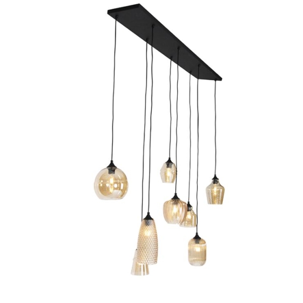 Art deco hanglamp zwart met amber glas 8-lichts - hanne
