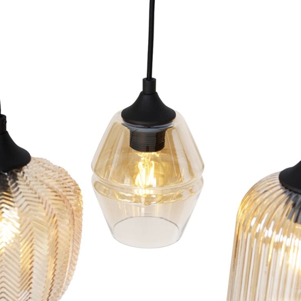 Art deco hanglamp zwart met amber glas 8-lichts - hanne