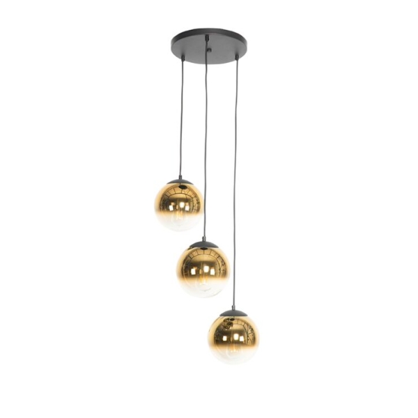 Art deco hanglamp zwart met goud glas rond 3 lichts pallon 14