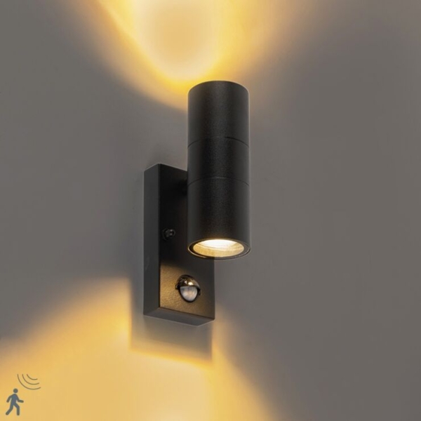 Buitenwandlamp zwart 2-lichts met bewegingssensor IP44 - Duo