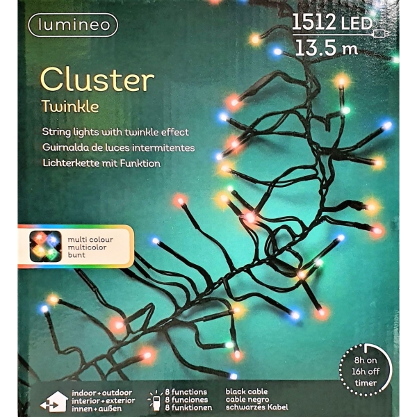 Clusterverlichting lumineo 1512-lamps. Led twinkle multi/zwart timer; 5m lead-1