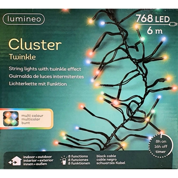 Clusterverlichting lumineo 768-lamps. Led twinkle multi/zwart; timer; 5m lead-1