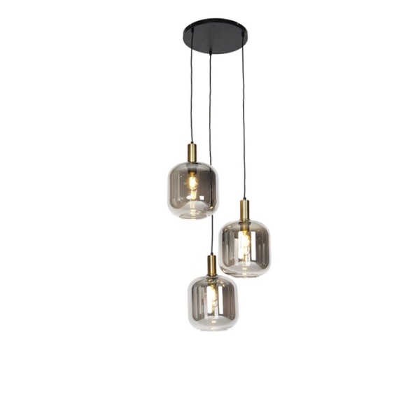 Design hanglamp zwart met goud en smoke glas 3-lichts - zuzanna