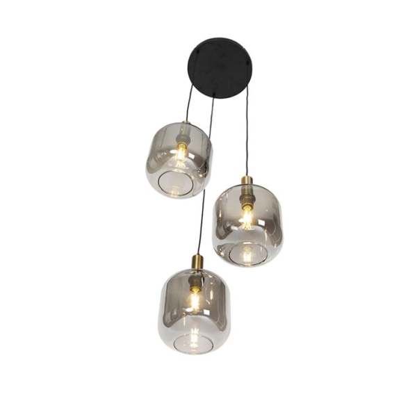 Design hanglamp zwart met goud en smoke glas 3-lichts - zuzanna