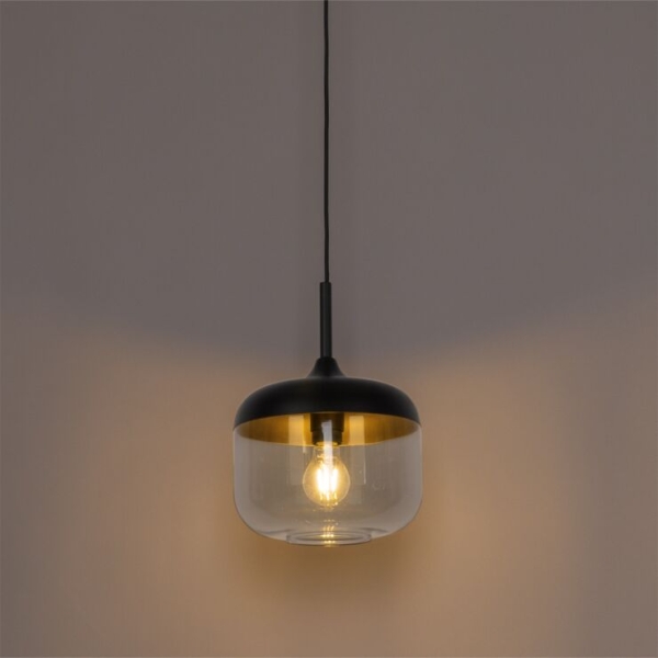 Design hanglamp zwart met goud en smoke glas - kyan