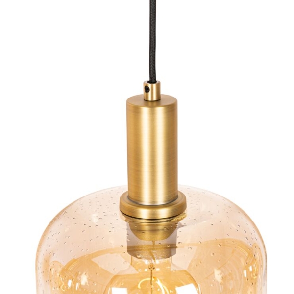 Design hanglamp zwart met messing en amber glas 4-lichts - zuzanna