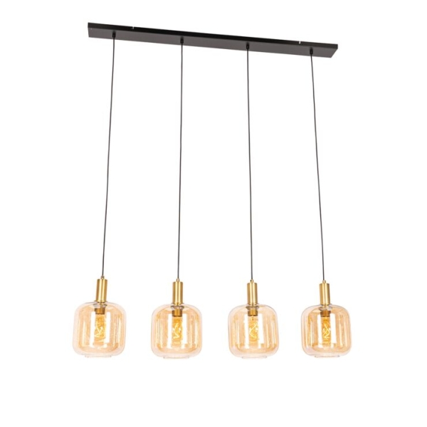 Design hanglamp zwart met messing en amber glas 4-lichts - zuzanna
