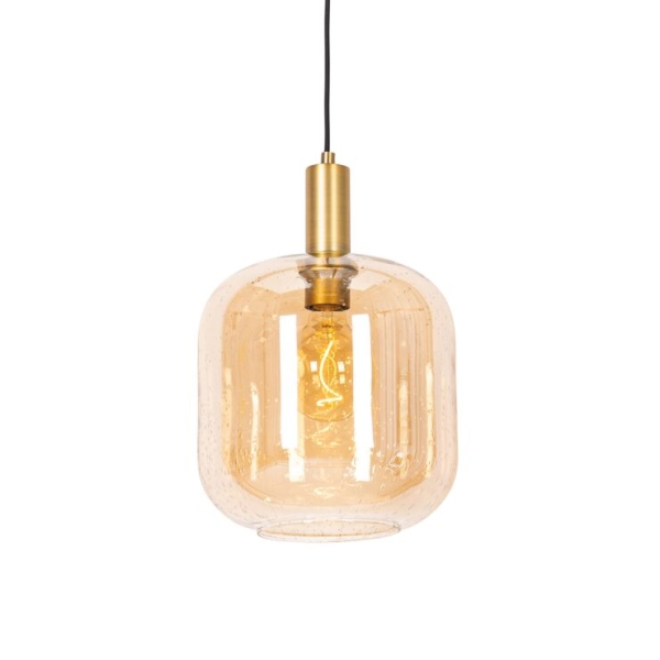 Design hanglamp zwart met messing en amber glas - zuzanna