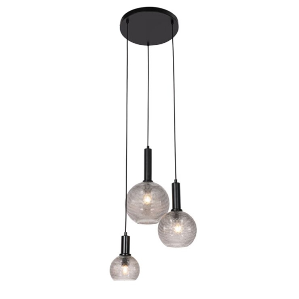 Design hanglamp zwart met smoke glas 3-lichts - chico
