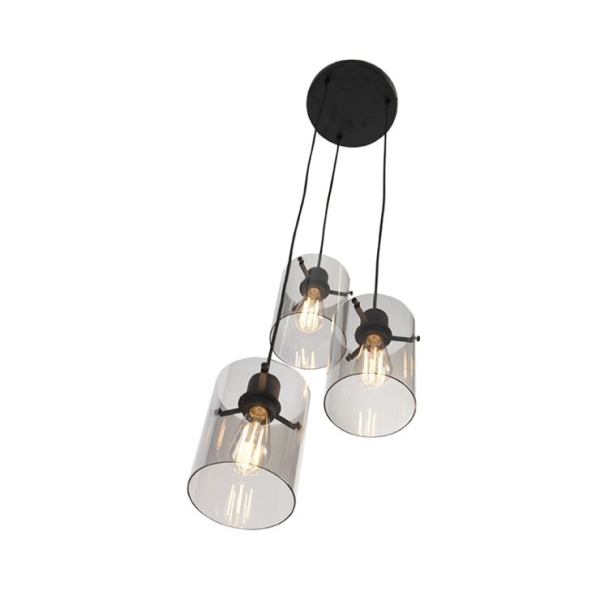 Design hanglamp zwart met smoke glas 3-lichts - dome