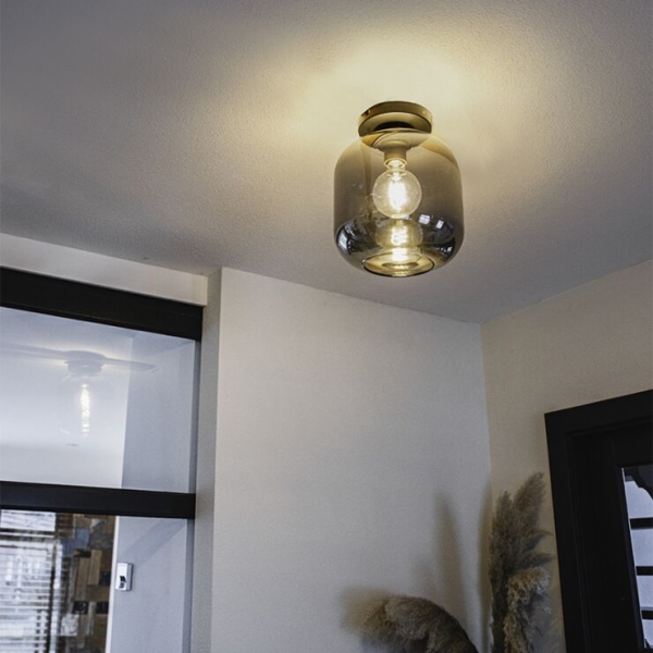 Design plafondlamp zwart met goud en smoke glas - zuzanna