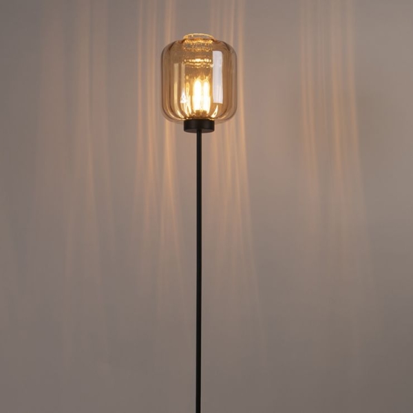 Design vloerlamp zwart met amber glas - qara