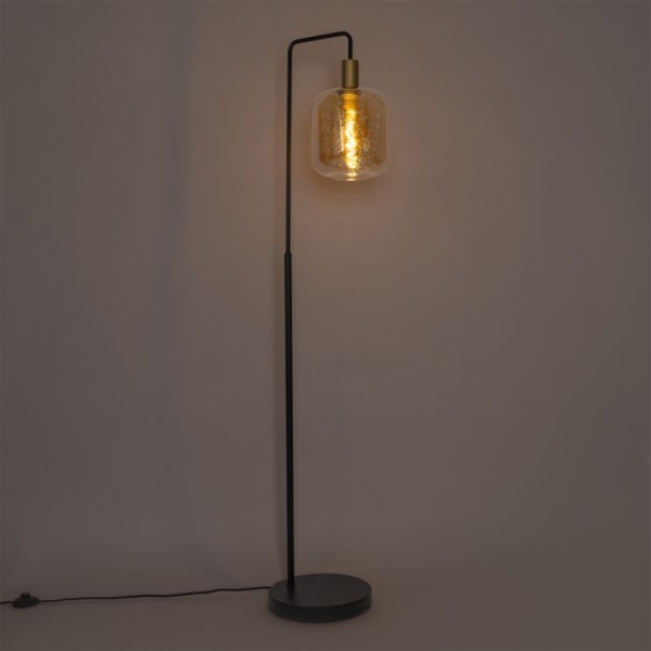 Design vloerlamp zwart met messing en amber glas zuzanna 14