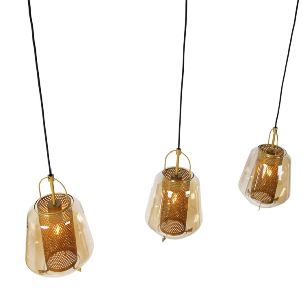 Hanglamp goud met amber glas 23 cm langwerpig 3-lichts - kevin