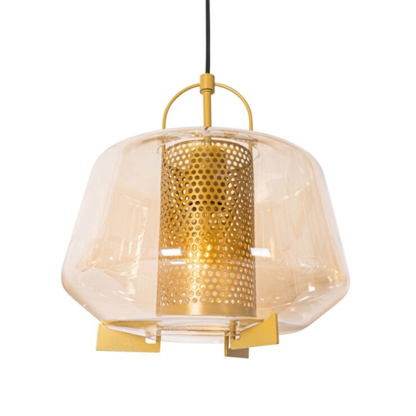 Hanglamp goud met amber glas 30 cm langwerpig 3-lichts - kevin