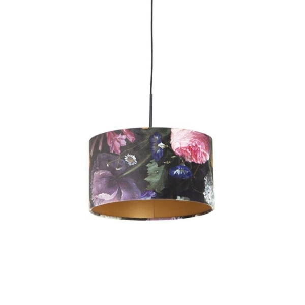 Hanglamp met velours kap bloemen met goud 35 cm - combi