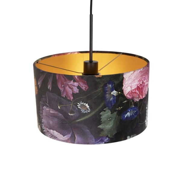 Hanglamp met velours kap bloemen met goud 35 cm - combi