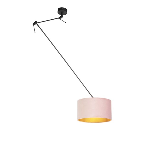 Hanglamp zwart met velours kap oud roze met goud 35 cm - blitz
