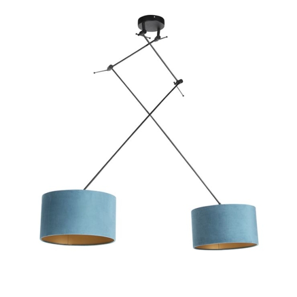Hanglamp zwart met velours kappen blauw met goud 35 cm 2-lichts - blitz