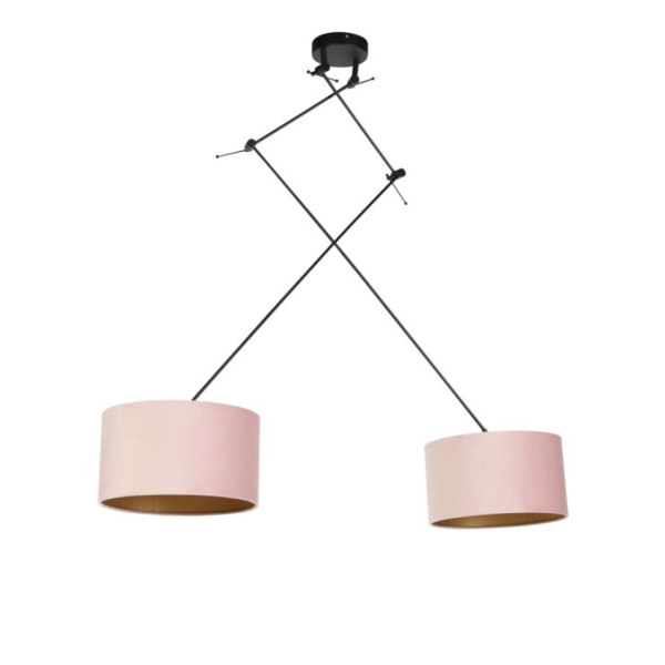 Hanglamp zwart met velours kappen roze met goud 35 cm 2-lichts - blitz