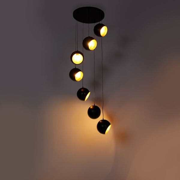 Hanglamp zwart met gouden binnenkant 7-lichts - crooked cluster