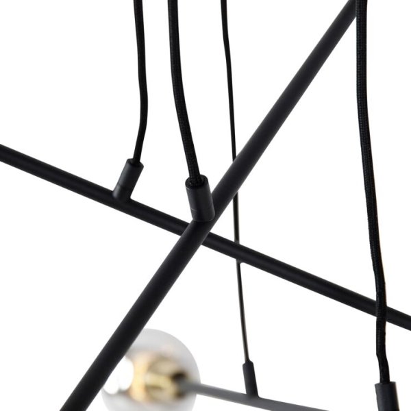 Hanglamp zwart met messing en smoke glas 6-lichts - vidro