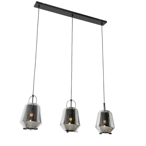 Hanglamp zwart met smoke glas 23 cm langwerpig 3-lichts - kevin
