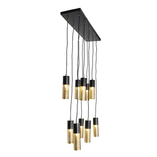 Industriële hanglamp zwart met goud 10-lichts - raspi