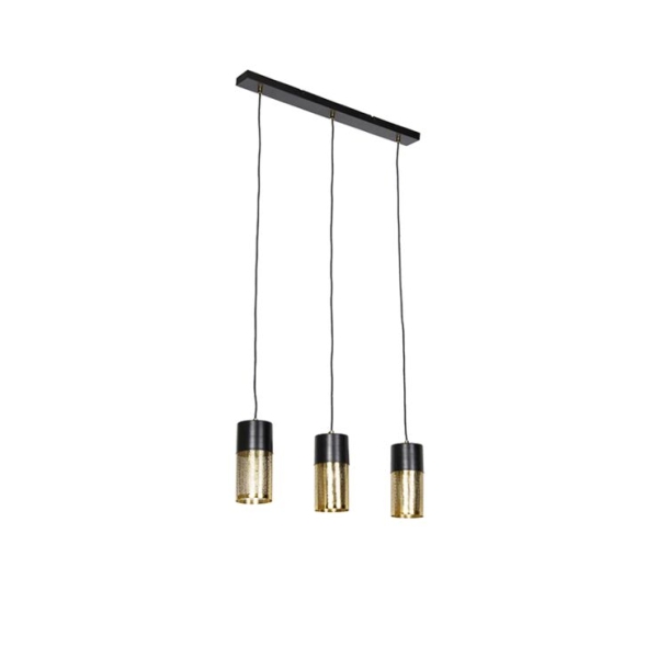 Industriële hanglamp zwart met goud langwerpig 3-lichts - raspi