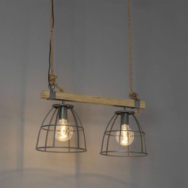 Industriële hanglamp zwart met hout 2-lichts - arthur