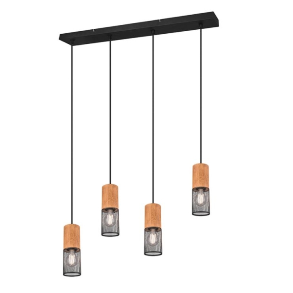Industriële hanglamp zwart met hout 4-lichts - manon
