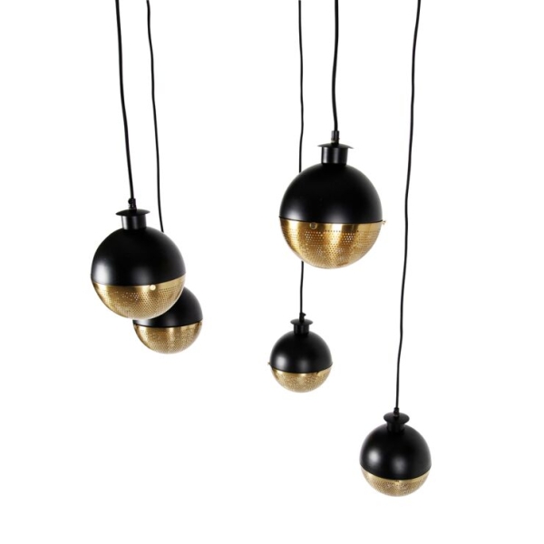 Industriële hanglamp zwart met messing 5-lichts - haicha
