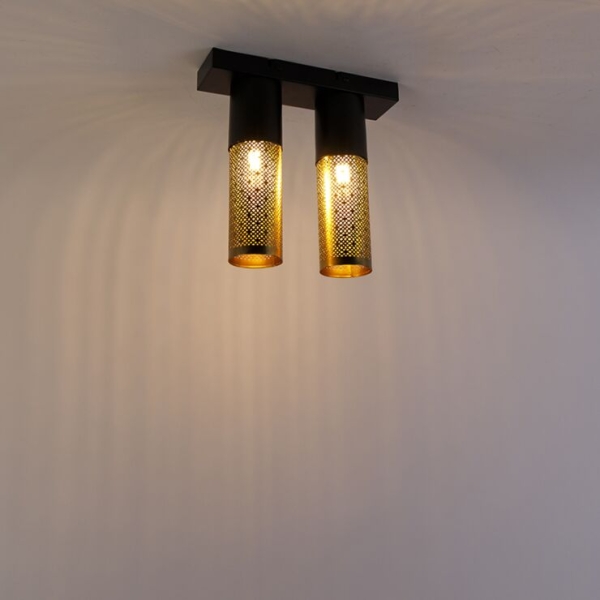 Industriële plafondlamp zwart met goud 2-lichts - raspi