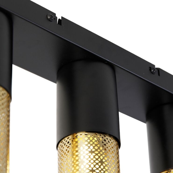 Industriële plafondlamp zwart met goud langwerpig 3-lichts - raspi