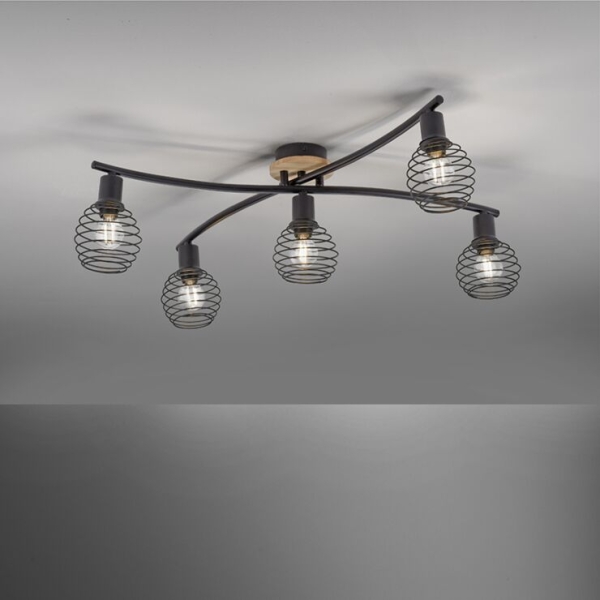 Design plafondspot zwart met hout 5-lichts - winsten