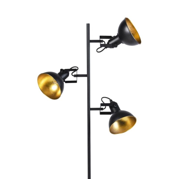 Industriële vloerlamp zwart met goud 3-lichts - tommy