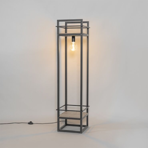 Industriële vloerlamp zwart met hout - cage rack