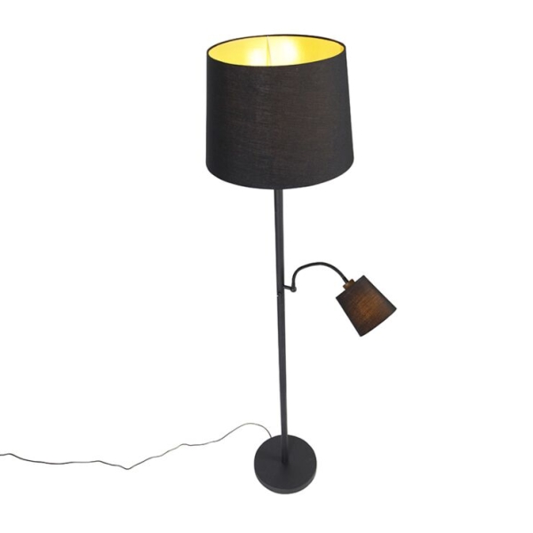 Klassieke vloerlamp zwart met goud en leeslampje - retro