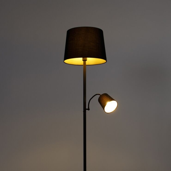 Klassieke vloerlamp zwart met goud en leeslampje - retro