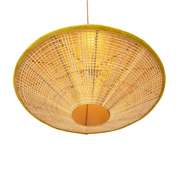 Landelijke hanglamp gele velours met riet 60 cm - frills can