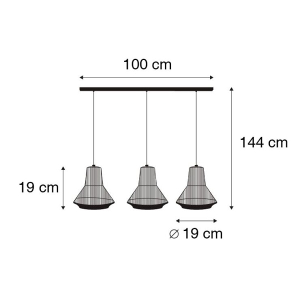 Landelijke hanglamp zwart met touw 19 cm 3-lichts - jenthe