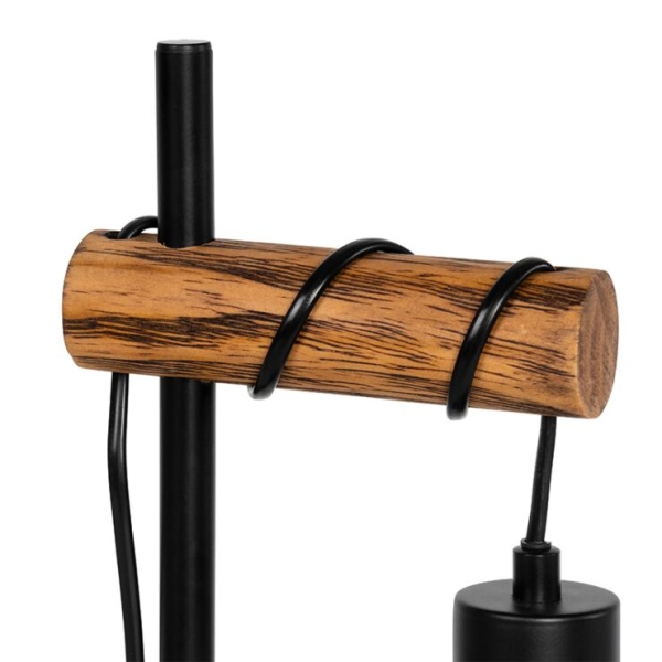 Landelijke tafellamp zwart met hout - stronk