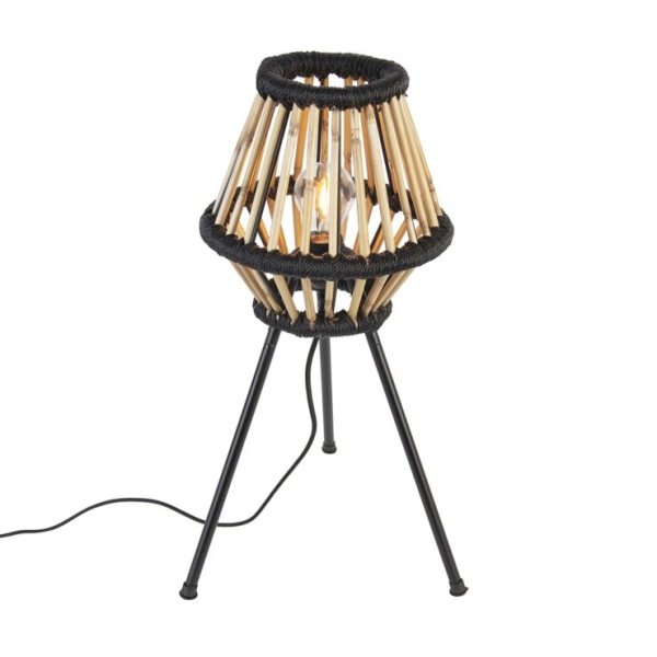 Landelijke tripod tafellamp bamboe met zwart - evalin