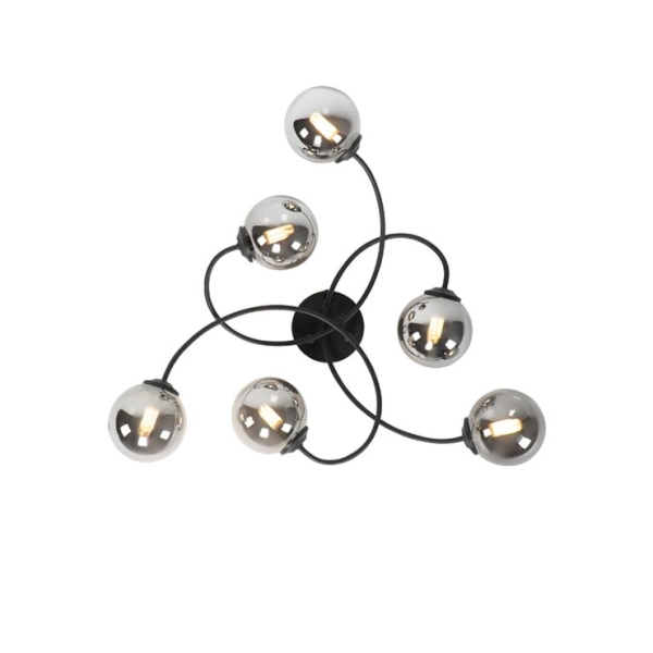 Moderne plafondlamp zwart 6-lichts met smoke glas - athens